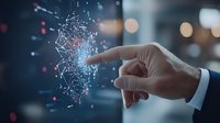 Businessman finger touching glowing network connection with scattered light particles against dark background with bokeh effect. Digital transformation concept.