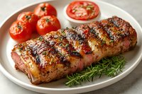 Juicy grilled pork tenderloin with herbs and spices served on white plate with fresh cherry tomatoes and rosemary sprigs, close up food photography.