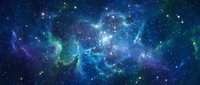 Cosmic nebula with swirling blue and green gases illuminated by bright stars in deep space, showcasing celestial beauty and astronomical wonder.