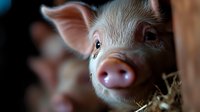 Close up portrait of young pink piglet with curious expression and wet snout, lying in hay. Natural farm setting with soft lighting and shallow depth of field.