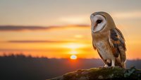 Barn owl perched on rock during golden hour sunset with warm orange sky and silhouetted landscape in background creating peaceful wildlife scene.