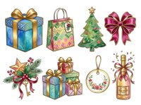 Festive holiday gift boxes, shopping bag, decorated tree, bows, and ornaments with gold accents isolated on white background. Perfect for seasonal designs, greeting cards, and holiday marketing materials.