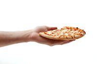 Hand holding a slice of cheese pizza with melted mozzarella on white background, isolated for food delivery and restaurant menu designs.