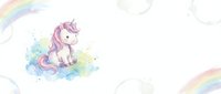 Cute cartoon unicorn with rainbow mane sitting on colorful watercolor splash with rainbow elements on white background for children design projects.