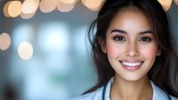Young Asian woman with bright genuine smile and natural makeup against blurred bokeh lights background, radiating warmth and confidence in professional portrait setting.
