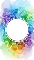 Watercolor rainbow frame with decorative swirls and white circle for text or logo design on transparent background ready for creative projects.