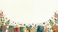 Festive shopping bags with gold stars, wrapped gifts, and botanical foliage on cream background. Isolated design element for holiday marketing, seasonal promotions, and retail advertising.