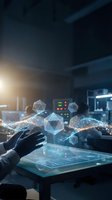 Hands interacting with holographic geometric shapes and digital data streams on futuristic tablet interface in modern tech laboratory environment for innovation and technology concepts.