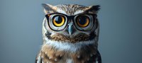 Great horned owl wearing black rimmed glasses against blue background, humorous animal portrait showing wisdom and intelligence concept.
