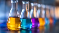Laboratory glassware with colorful chemical solutions in conical flasks for scientific research and experimentation in modern chemistry lab setting.