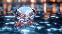 Brilliant cut diamond with light reflections on glossy surface against blurred bokeh background, showcasing luxury jewelry and precious stone details.