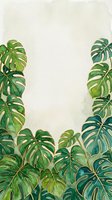 Watercolor monstera leaves arranged on cream background with copy space, suitable for botanical designs, home decor, and nature-themed projects.