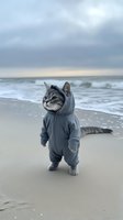 Gray tabby cat wearing cozy hooded jumpsuit stands upright on beach with ocean waves in background, creating whimsical coastal scene for social media and advertising.
