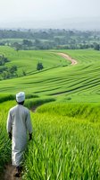 Asian farmer in traditional white clothing standing in lush green terraced rice fields with winding path through agricultural landscape.