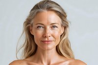 Mature Caucasian woman with blonde hair showing natural aging process on half of face and smooth skin on other half, demonstrating skincare results against gray background.