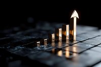 Glowing ascending arrow graph bars on dark background showing business growth and success concept with dramatic lighting and reflection.