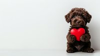 Adorable chocolate brown puppy holding red heart plush toy against light background. Sweet pet portrait for Valentine's day cards and romantic designs.