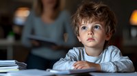 Young Caucasian boy with blue eyes and tousled brown hair wearing white sweater sits attentively at desk, dramatic lighting creates moody atmosphere in classroom setting.