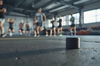 Black foam roller on gym floor with blurred people exercising in background. Fitness equipment and workout atmosphere captured in modern training facility.