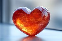 Glowing red glass heart on light surface with soft bokeh background, romantic symbol of love and passion illuminated from within creating warm amber tones.