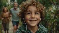 Happy curly-haired child with earphones smiling outdoors while family enjoys park activities in blurred background during sunny day recreation time.