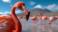 Pink flamingos wading in shallow water with snow-capped mountain peak in background, close-up portrait of flamingo head and neck against blurred flock.