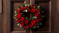 Festive red rose wreath with fresh green leaves on wooden door background, romantic holiday decoration for home entrance or interior design.