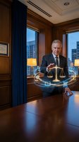 Senior Caucasian male lawyer in dark suit using holographic legal technology with scales of justice in luxury law office with city skyline view.