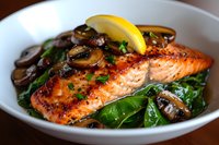 Grilled salmon fillet with sauteed mushrooms and spinach served in white bowl, garnished with fresh lemon slice and herbs, close up view of gourmet meal.