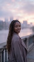 Young African American woman with dreadlocks smiling at sunset cityscape waterfront wearing casual jacket for lifestyle and urban photography.