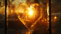Glowing heart shape drawn on foggy window glass at sunset, creating magical golden light effect with bokeh and condensation droplets in background.