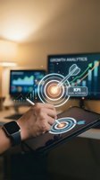 Hand using stylus on tablet with glowing KPI target hologram, growth analytics charts on monitor, business goal achievement concept.