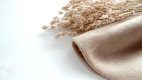 Elegant beige linen fabric with delicate dried pampas grass on white background, natural textile texture for fashion and home decor styling.