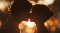 Romantic couple silhouettes touching foreheads at golden hour sunset with warm bokeh lights creating intimate moment for love and relationship concepts.