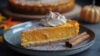 Slice of homemade pumpkin pie topped with whipped cream and powdered sugar on gray ceramic plate, with cinnamon stick and autumn decorations in background.
