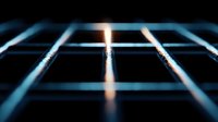 Glowing light beam breaking through geometric grid pattern in dark background creates dramatic perspective and futuristic technological atmosphere.