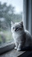 Adorable gray and white kitten with blue eyes sitting by rainy window. Cozy indoor pet portrait with water droplets on glass creating peaceful atmosphere.