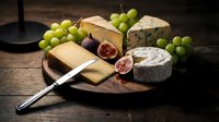 Assorted cheeses with green grapes and fresh figs on wooden board with knife, perfect for food styling, culinary content, restaurant menus, and gourmet food photography.