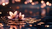 Delicate white cherry blossoms floating on dark water surface with golden bokeh lights creating magical atmosphere, reflection of spring flowers at dusk.