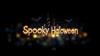 Spooky Halloween text with glowing orange letters, flying bats and haunted castle silhouette on dark atmospheric background for seasonal holiday designs.