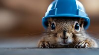 Adorable squirrel wearing blue construction hard hat peeking over edge with curious expression and visible whiskers on blurred background. For humor and safety concepts.
