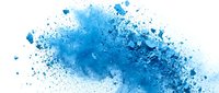 Abstract blue watercolor splatter with dispersing particles and ink diffusion on white background, suitable for creative design projects and artistic backgrounds.