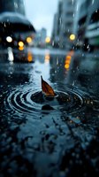 Autumn leaf floating in puddle creating ripples during rain with blurred city lights in background, moody atmospheric evening scene captured at street level.