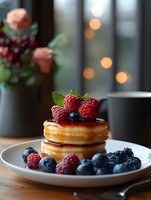 Fresh pancakes topped with ripe raspberries and blueberries on white plate, drizzled with maple syrup. Soft bokeh lights and floral decoration create cozy breakfast atmosphere.