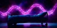 Mystical purple energy wave flowing above empty hospital bed in dark room, creating supernatural atmosphere with neon glow and starry background.