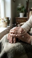 Elderly woman hands with glowing network connections representing digital health technology and telemedicine concept in cozy home environment.