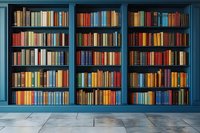 Vintage blue wooden bookshelf filled with colorful hardcover books in library interior, stone floor and classic literature collection arrangement.