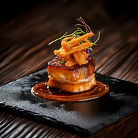 Glazed pork belly with crispy onion strings and microgreens served on black slate plate against dark wooden background, fine dining presentation.