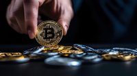 Hand holding shiny golden cryptocurrency coin over pile of digital currency on dark background, dramatic lighting highlights financial technology concept.