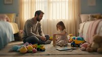 Loving father playing with toddler daughter on bedroom floor surrounded by colorful toys in warm sunlit room creating precious family bonding moments.